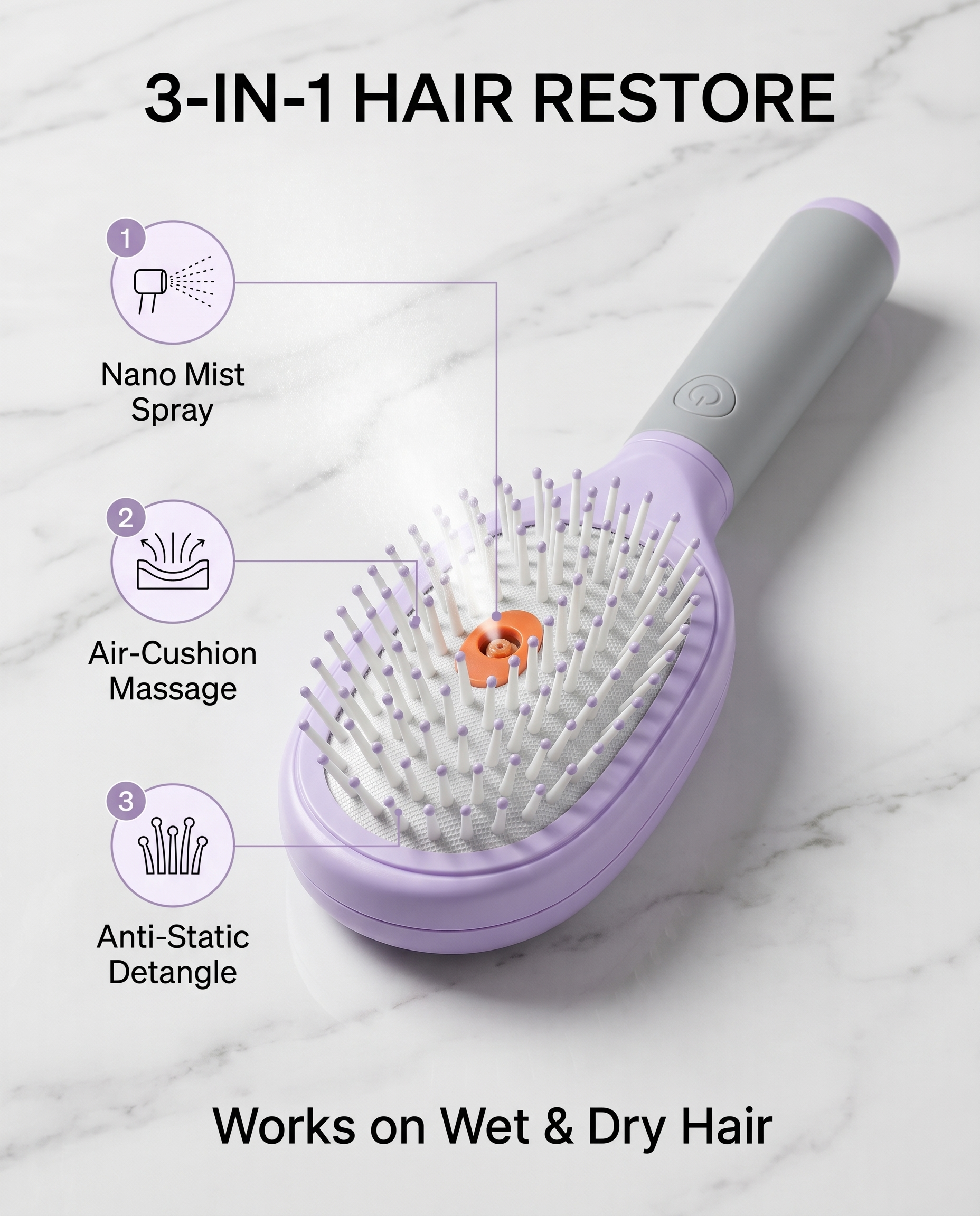 3-in-1 Hair Restore Comb — nano mist, massage, and anti-static detangle