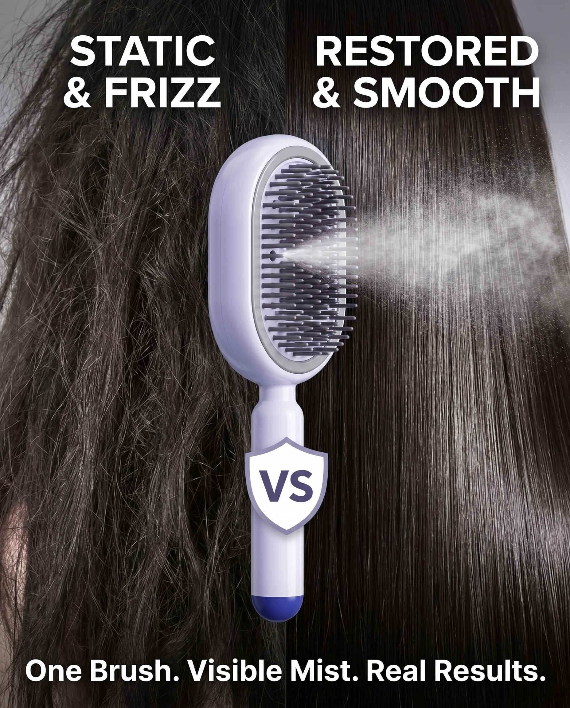 Static and frizz vs restored smooth — product before and after