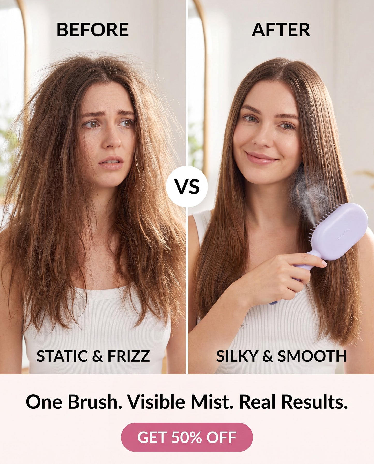 Static and frizz to silky smooth — visible nano-mist while you brush