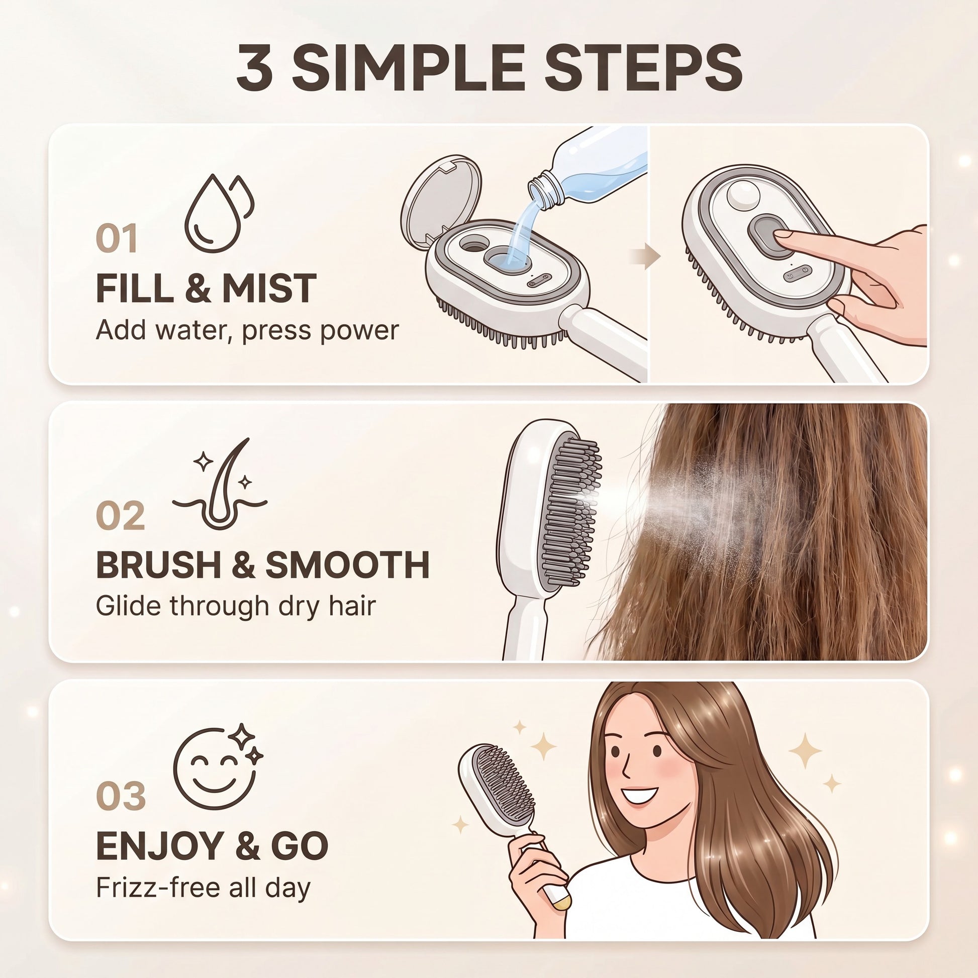 3 simple steps — fill and mist, brush and restore, enjoy and go