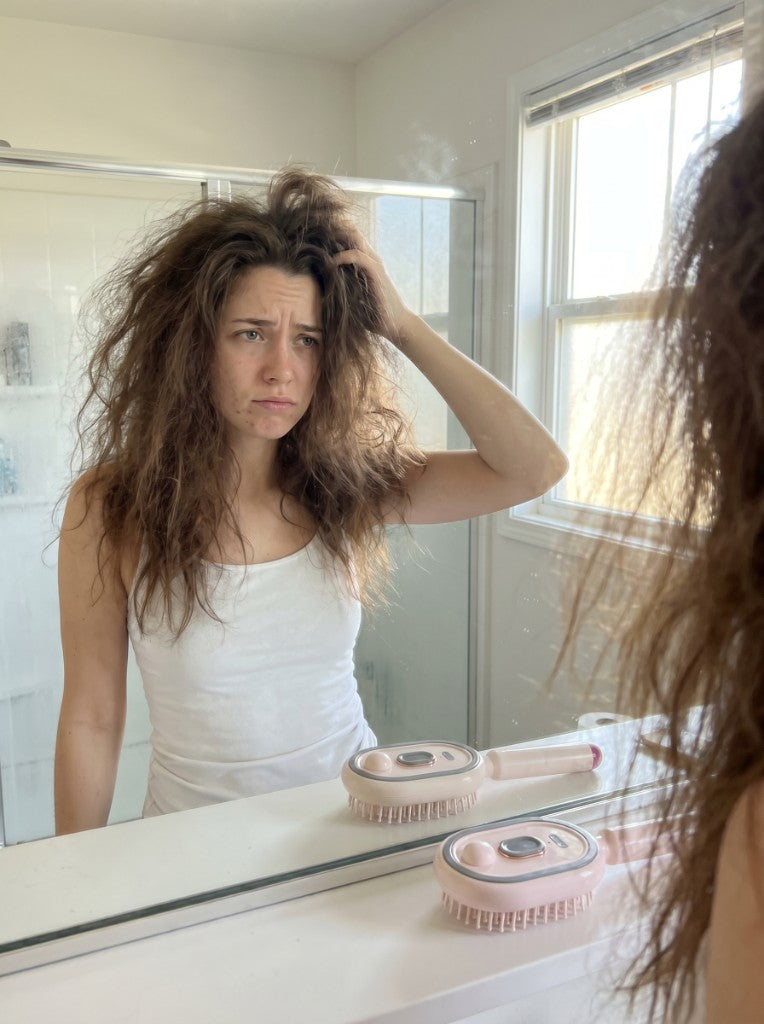 Frizzy hair before using the Elovia brush